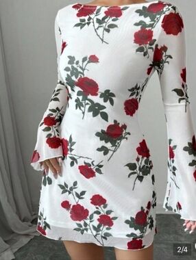 Plus Size 4x White Floral Long-Sleeve Mini Dress with Red Rose Print